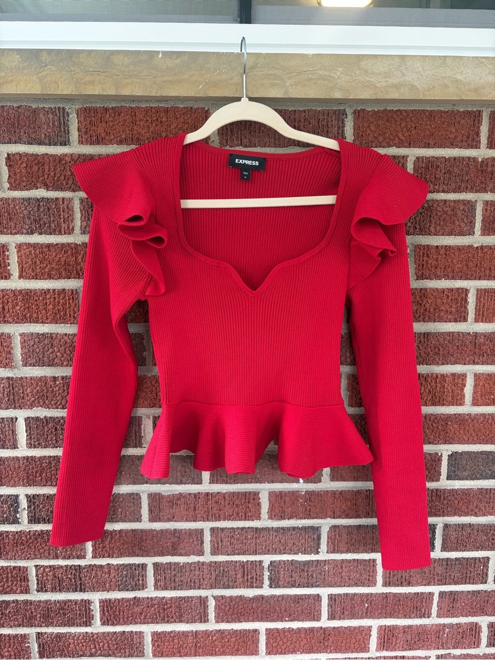 Express Red Ruffle-Sleeve Peplum Ribbed Knit Top